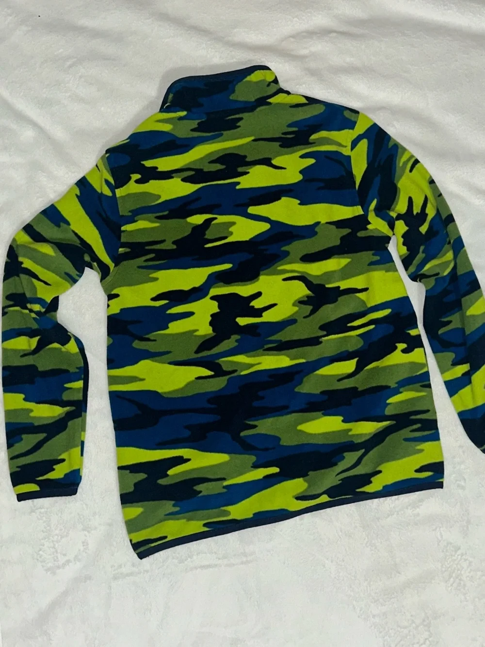 Lands' End Boys Large 10-12 Neon Green & Blue Camo Fleece Snap Pullover
